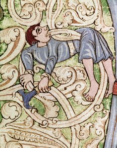 Lettrine C dekoriert mit der Darstellung eines Holzfällers. Miniatur aus einer Bibel (Altes Testament) (Ms 3088) 12. Jahrhundert Coimbra, Universitätsbibliothek von Unknown artist