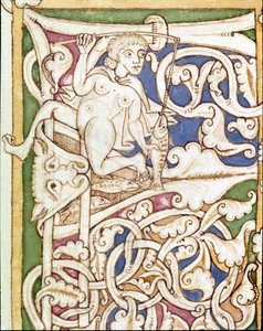 Lettrine P dekoriert mit der Darstellung einer Frau, die einen Fisch angelt. Miniatur aus einer Bibel (Altes Testament)