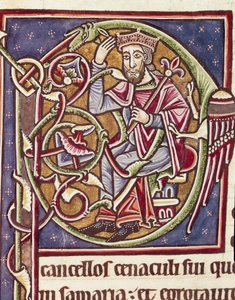 Lettrine P dekoriert mit der Darstellung des Königs des Landes Moab. Miniatur aus einer Bibel (Ms 3088) 12. Jahrhundert Coimbra, Bibliothek der Universität von Unknown artist