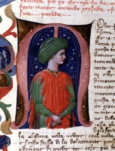 Lettrine „m“ und Miniatur, die den Sophisten Philostrate darstellt. Manuskript von Boccaccio