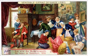 Liebig-Chromolithographie über das Leben von Rembrandt (1606 - 1669), niederländischer Maler. Dies sind Rembrandts Rückschläge im Jahr 1656 von Unknown artist