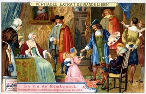 Liebig Chromolithographie über das Leben von Rembrandt (1606 - 1669), niederländischer Maler, hier porträtiert er Bürgermeister Jean Six im Jahr 1654. von Unknown artist