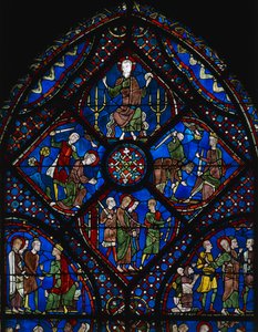 Leben des heiligen Jakobus des Älteren, oberer Teil des Fensters, Glasmalerei (12. Jahrhundert), Kathedrale von Chartres (Unesco-Welterbeliste)