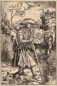 Das Bild des Pilgers - Der Pilger mit seinem Hund vor einem Schloss, Illustration aus einer Ausgabe der Opera von Johannes Gerson, veröffentlicht 1514 von Unknown artist