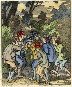 Der kleine Däumling und seine Brüder verirren sich im Wald. Illustration des Märchens „Der kleine Däumling“ von Charles Perrault von Unknown artist