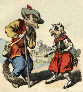 Das kleine Zicklein spricht mit Meister Fuchs. Illustration des Märchens „Bon Médor und das kleine Zicklein“. In „Märchen aus dem Heim für die Kleinen“. Anonyme Gravur des 19. Jahrhunderts.