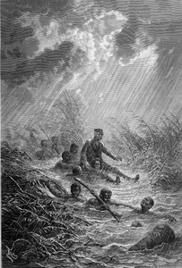 Livingstone und seine Männer überqueren einen Wasserlauf - „Livingstones letzte Reise 1866-1873“ in „Tour du Monde“, 2. Halbjahr 1875
