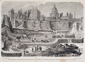Lage des gallo-römischen Zirkus aus dem 3. Jahrhundert vor der christlichen Ära, entdeckt 1870, während der Bohrung der Rue Monge