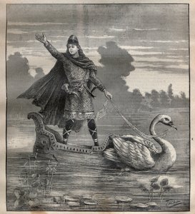 Lohengrin in einer Gondel, gezogen von einem Schwan, Szene aus der Oper „Lohengrin“ von Richard Wagner (1813-1883) - Gravur in „La Science française“ von Unknown artist