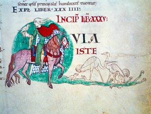 Herr bei der Falkenjagd. Miniatur des Mittelalters. Manuskript „Moralia in Job“ aus der Abtei Citeaux für Papst Gregor I von Unknown artist