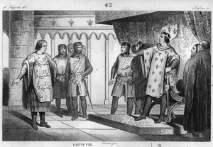 Ludwig VIII. (1187-1226) der Löwe empfängt einen Gesandten seines Feindes Heinrich III. (1207-72) von England - Ludwig VIII. genannt „Der Löwe“ (1187-1226), Dynastie der Kapetinger, antwortet stolz und fest auf einen Gesandten des Königs von England Heinri von Unknown artist