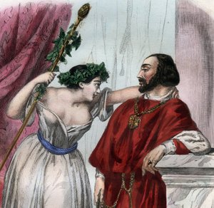 Lucrezia Borgia (1480-1519) mit ihrem Bruder Cesare Borgia. Gravur von 1842 in „Histoire des papes: crimes, murders, poisonings, parricides, adulteres, incest...“ von Maurice Lachatre. Private Sammlung.