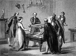 Luigi Galvani, Professor in Bologna, entdeckte 1780 die Reizbarkeit der Froschmuskeln durch Elektrizität. Gravur des 19. Jahrhunderts