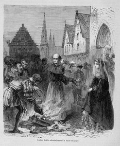 Luther verbrennt feierlich die päpstliche Bulle - in „Geschichte der Päpste“ von Maurice Lachatre, sd. 19. Jahrhundert