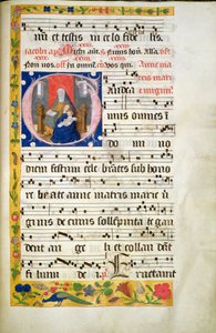 MS.McC.57. f.48r St. Anna thronend, lesend, die Jungfrau mit Kind vor ihr sitzend, Initiale aus einem Antiphon, spätes 15. Jahrhundert