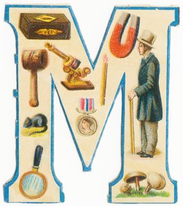 M: Streichhölzer, Magnet, Hammer, Mikroskop, Maus, Medaille, Mann, Lupe, Pilze von Unknown artist