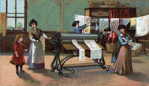 Maschinenbügeln. Chromolithographie aus dem späten 19. Jahrhundert. von Unknown artist