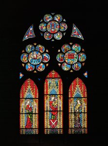 Madonna und Kind, Heilige Barbara und Heilige Katharina, auf einem von der Schneiderzunft gestifteten Fenster (Buntglas)