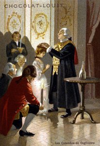 Magische Sitzung von Giuseppe Balsamo, bekannt als Alexander, Graf von Cagliostro (1743 - 1795). Chromolithographie aus dem späten 19. Jahrhundert.