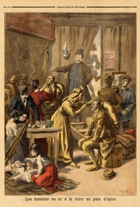 Schminken von Schauspielern eines lebenden Gemäldes „Männer in Gold“ für die Lebkuchenmesse. Gravur in „Le petit journal“ 16/04/1894. Selva Sammlung. von Unknown artist