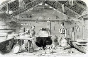 Herstellung von Gruyère-Käse in einem Schweizer Chalet oder einer Käserei in den Alpen - in „Die Wunder der Industrie“ von Louis Figuier von Unknown artist