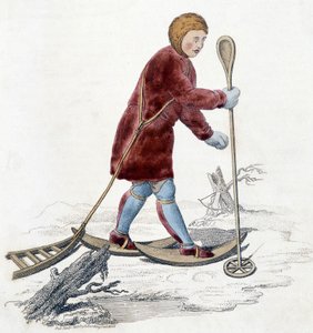 Mann des Ostiak-Stammes (Khanty oder Khante) (Paleosibirischer Jägerstamm im Waldgebiet des mittleren Ob-Tals) auf Hermelinjagd. Illustration von 1803