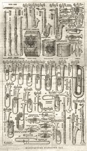 Herstellung von Adolphe (Adolph) Sax, Erfinder des Saxophons (1814-1894). Gravur in „Das illustrierte Universum“ von 1867 von Unknown artist