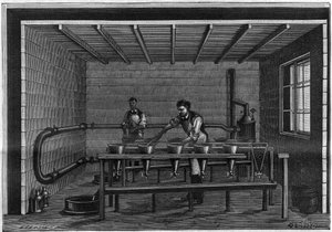 Herstellung von Vaseline. Anordnung einer Filtrationseinheit auf dem schwarzen Tier. Gravur von 1885.