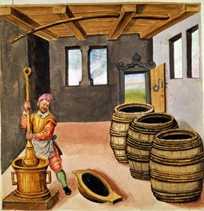 Herstellung von Schwarzpulver - in „Manuale di pirotechnia, armeria e fortificazioni“ des 16. Jahrhunderts. von Unknown artist