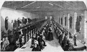 Herstellung von zementierten Federn: Arbeiter bei der Herstellung des Federschlitzes in einer Fabrik in Birmingham - Gravur in „Le Journal Illustrous“