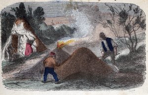 Herstellung von Holzkohle im 19. Jahrhundert: Köhler vor Mühlsteinen aus Holz und Lehm, die sie anzünden. Gravur Ende des 19. Jahrhunderts. von Unknown artist