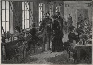 Herstellung von Metallfedern: Schärfwerkstatt in Frankreich im 19. Jahrhundert. Gravur von 1885 in „Les arts et metiers illustres“ von Adolphe BITARD von Unknown artist