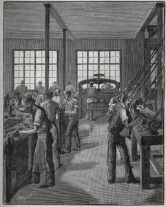 Herstellung von Federhaltern und Bleistifthaltern. Gravur von 1885 in „Les arts et métiers illustrés“ von Adolphe Bitard.