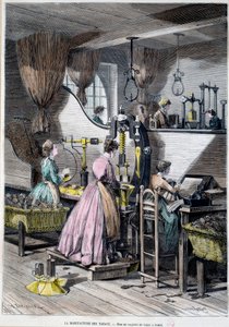Herstellung von Tabak, Verpackung von Tabak zum Rauchen. Lithographie von 1867 Paris, Musee Carnavalet von Unknown artist