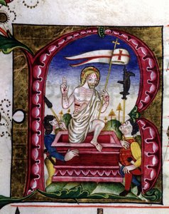Manuskript eines liturgischen Liedes. Miniatur, die die Auferstehung darstellt. 15. Jahrhundert. Kirche der gekrönten Jungfrau von Lodi