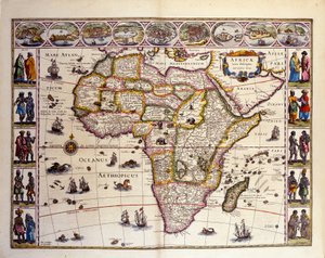 Karte von Afrika aus William Blaeus Atlas. Oben sind die Städte Tanger, Ceuta, Algier, Tunis, Alexandria, Alcair, Mosambik, Saint Georges de la Mina, Kanarische Inseln. Verschiedene Inseln sind auch vor Afrika dargestellt, die Maskarenen-Inseln, Mada von Unknown artist