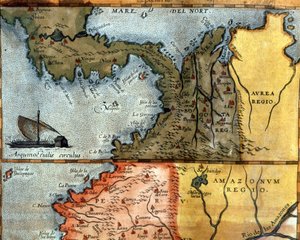 Karte von Mittelamerika im 16. Jahrhundert: Oben zeigt sie die Regionen Peru, Amazonas und Bogota (Panama, Kolumbien und Venezuela)