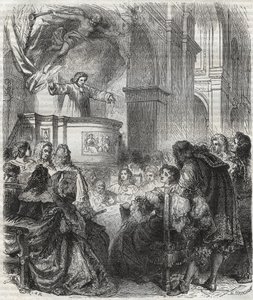 Marie de Rabutin-Chantal, Marquise de Sévigné, bekannt als Madame de Sévigné (1626-1696), hört Louis Bourdaloue (1632-1704) in der Kirche der Jesuiten, Saint-Louis in Paris - Gravur von 1866