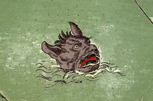 Meeresmonster mit dem Kopf eines Dämons. Detail einer Karte aus dem Atlas von Urbano Monte
