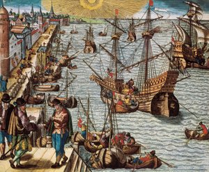 Seehandel und Handel mit den spanischen Indes (Kolonie), insbesondere der Anbau von Zuckerrohr. Abfahrt vom Hafen von Lissabon nach Ostindien, Amerika und Brasilien
