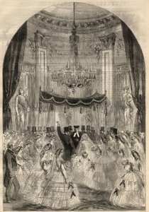 Hochzeit von Baron Alphonse de Rothschild (1827-1905) und Leonora de Rothschild (1837-1911). Die Braut lernte, ein Getränk auf den Boden zu werfen, die letzte Stufe einer jüdischen Hochzeit, genannt „zerbrochenes Glas“. Gravur in „The Illustrated London Ne von Unknown artist