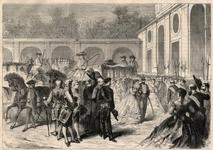 Hochzeit der Infantin Marie-Isabelle von Spanien (1851-1931) und Gaetan de Bourbon-Sicilies (1846-1871), Graf von Agrigento: Ankunft des Zuges an der Königlichen Basilika von Atocha. von Unknown artist