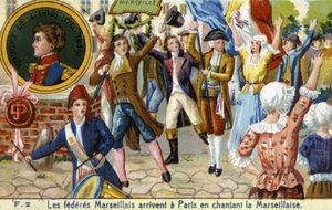 Marseille-Föderierte kommen in Paris an und singen die Marseillaise - Chromolithographie, späte 19. Jahrhundert