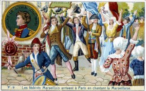Marseiller Föderierte kommen in Paris an und singen die Marseillaise - Chromolithographie, spätes 19. Jahrhundert von Unknown artist