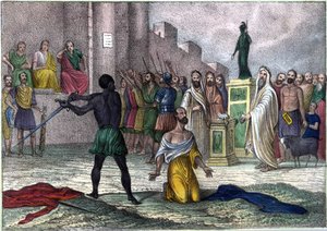 Martyrium des heiligen Cyprian (Cipriano) (Cyprianus) im Jahr 258, erster Bischof von Karthago, zum Tode verurteilt. In „L