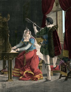 Maria Stuart und David Rizzio - Marie (Mary) Iere Stuart (1542-1587) mit David (Davide) Rizzio - Gravur aus dem 19. Jahrhundert
