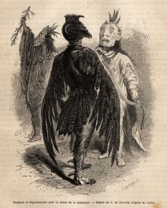 Masken und Verkleidungen für den Medizintanz unter den Naya-Indianern. Gravur zur Illustration eines Ausflugs unter die Indianerstämme der Becken von Kolumbien und Ober-Missouri, von G. Catlin, 1855, veröffentlicht in „Le tour du monde“, unter der Leitung