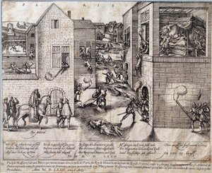 Massaker der Heiligen Bartholomäusnacht in Paris in der Nacht vom 24. August 1572. Gravur des 16. Jahrhunderts. Pau, Musée Du Château