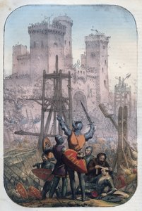 Mittelalterliches Leben - Angriff und Verteidigung einer Burg - Gravur aus „Usi e Costumi di Tutti i Popoli dell