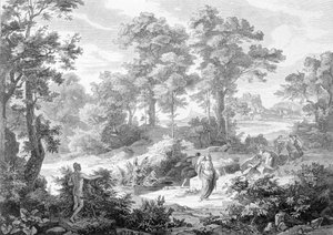 Begegnung zwischen Odysseus, der am Fluss lag, und Nausikaa. Gravur aus dem späten 19. Jahrhundert